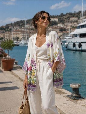 TAJ by Sabrina Crippa White Kimono Cover-Up with Purple & Green Floral Border